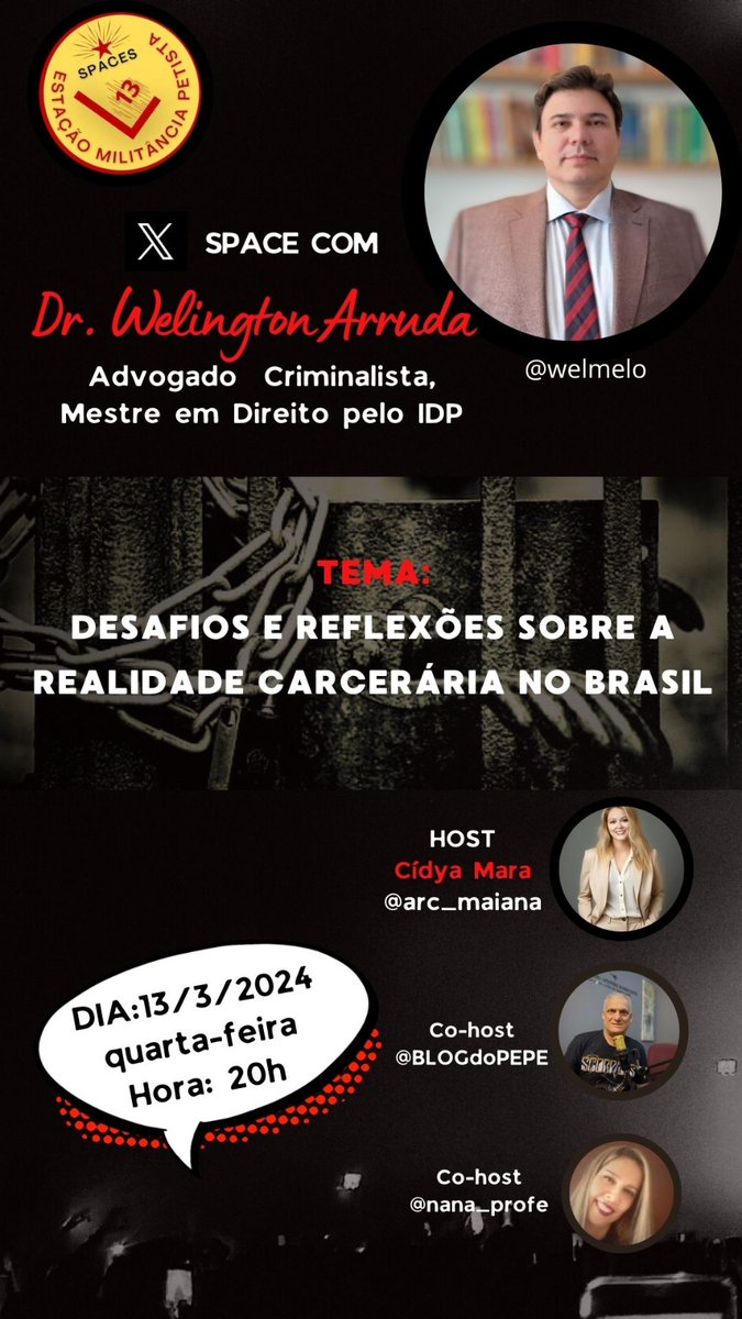 📢 Venham minha gente ouvir o Dr. @welmelo nesse Space IMPERDIVEL. Ele vai falar da situação dos PRESÍDIOS no Brasil, um tema pra lá de importante e controverso!! É AMANHÃ, quarta-feira, às 20h. DIVULGUEM por gentileza. LULA O GOVERNO QUE FAZ @arc_maiana @BLOGdoPEPE @nana_profe