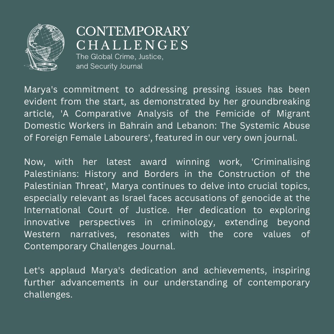CCJGlobal's tweet photo. Join us in celebrating Marya Al-Hindi extraordinary journey, from her debut publication in the Contemporary Challenges Journal to her recent triumph of winning the esteemed 2023 Rosa del Olmo Prize. 🎉 https://t.co/Iz9s01y8W5