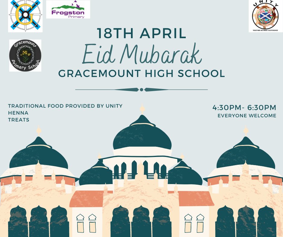 This year's Eid Celebration will be hosted @GracemountHigh. We are looking forward to our community event with @FrogstonPS @GracemountPS👇