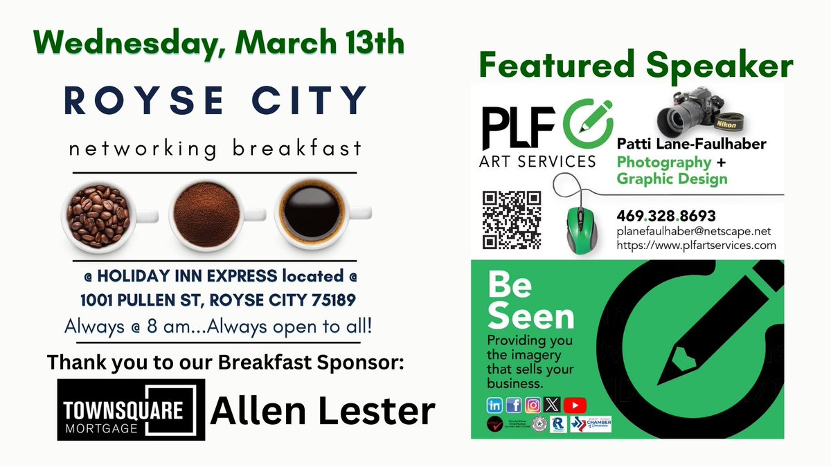 PATTI LANE-FAULHABER with PLF ART SERVICES. Patti provides Photography &amp; Graphic Design Services and as business owners we're all looking to BE SEEN!
Special thanks to our sponsor ALLEN LESTER with TownSquare Mortgage!
Networking Breakfast:
Holiday Inn Express 1001 Pullen St
8am