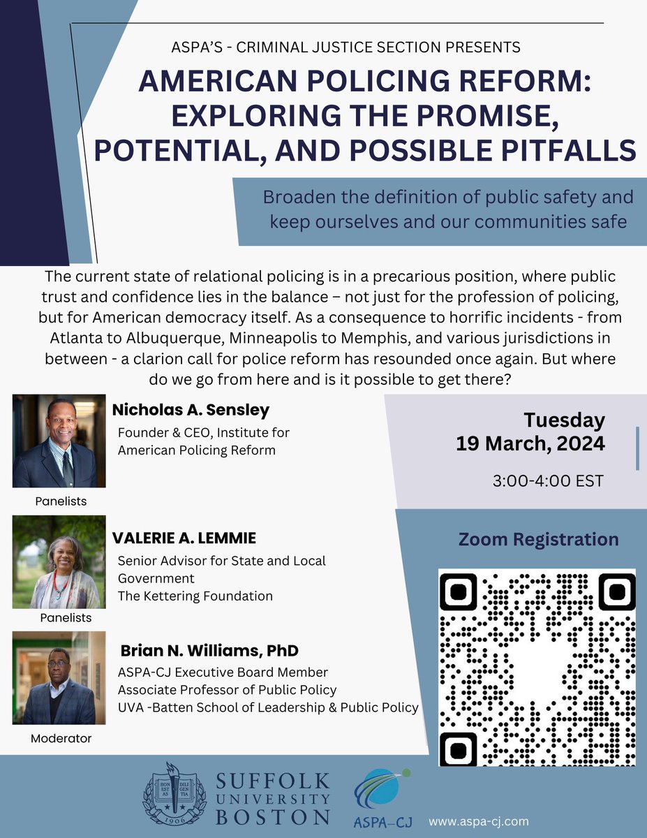 Join us on Tuesday March 19th for our ASPA-CJ hosted Webinar (register link in bio) 
Topic: American Policing Reform- Exploring the Promise, Potential and Possible Pitfalls 

Time: 3:00-4:00 EST 

Panelists: Valerie Lemmie, Nicholas Sensley &amp; Brian Williams