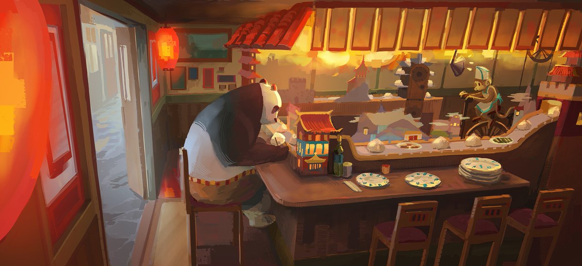 My favorite assignment on KFP4 was sadly cut, but I still loved designing this cute little dumpling restaurant! The idea was that Po was sad & stress eating all the dumplings he could get his hands on at the revolving bar 🥟 Oh & the restaurant was monkey-powered 😆 #KungFuPanda4