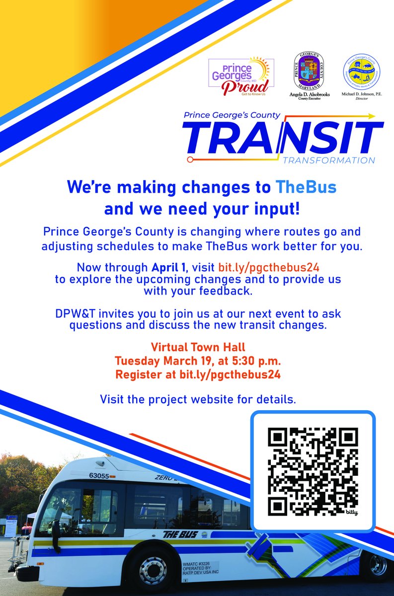 Have you registered for DPW&amp;T's Virtual Townhall? Join our agency on Tuesday, March 19th at 5:30pm EST to learn more about our Transit Vision Plan and the upcoming service changes happening in our community! Register by scanning the QR code or with link: bit.ly/pgcthebus24