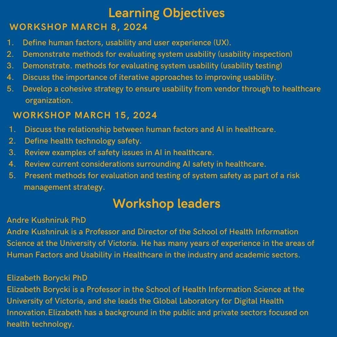 REMINDER! Join us LIVE this Friday for a workshop on 'Human Factors and Technology Safety in Healthcare: Risk Management in the Age of AI (Part 2)' presented by @AndreKushniruk & @EBorycki. Join here: ow.ly/OnTY50QQGUM @UVicHSD #Workshop