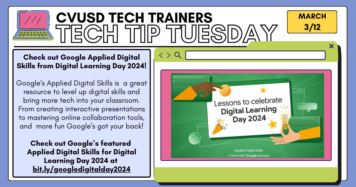 💻Tech Tip Tuesday💻 Check our Google's featured Applied Digital Skills from Digital Learning Day 2024 at bit.ly/googledigitald…