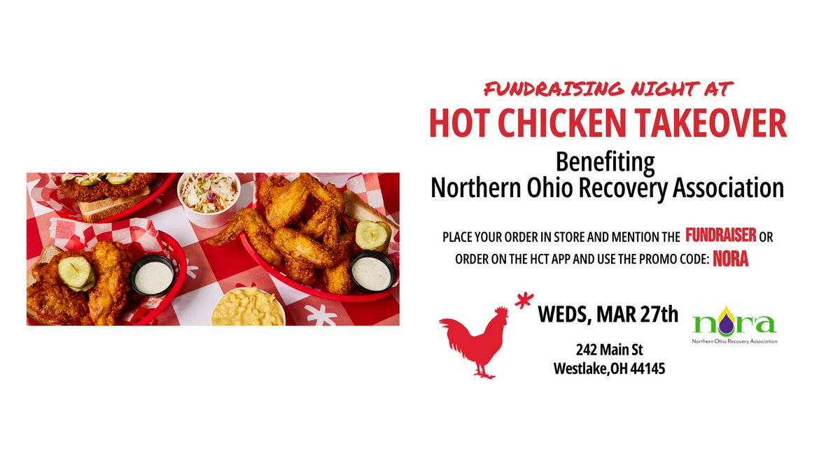 NORA's Fundraiser is hitting Hot Chicken Takeover in Westlake on Wed, Mar 27th, from 11 am to 9 pm. Let's spice up Wednesday with flavor and philanthropy! Every bite supports NORA's Recovery Village project.  Join us for a feast of FUN and giving back!   #HotChickenTakeover