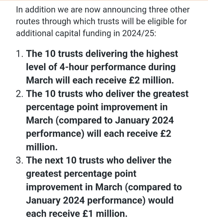NHS E are making A&amp;E performance a competition with million pound cash prizes for the top ranked trusts. 
This does not seem like a good incentive system.
Note that letter issued today (12 March) for performance in March.
england.nhs.uk/long-read/urge…