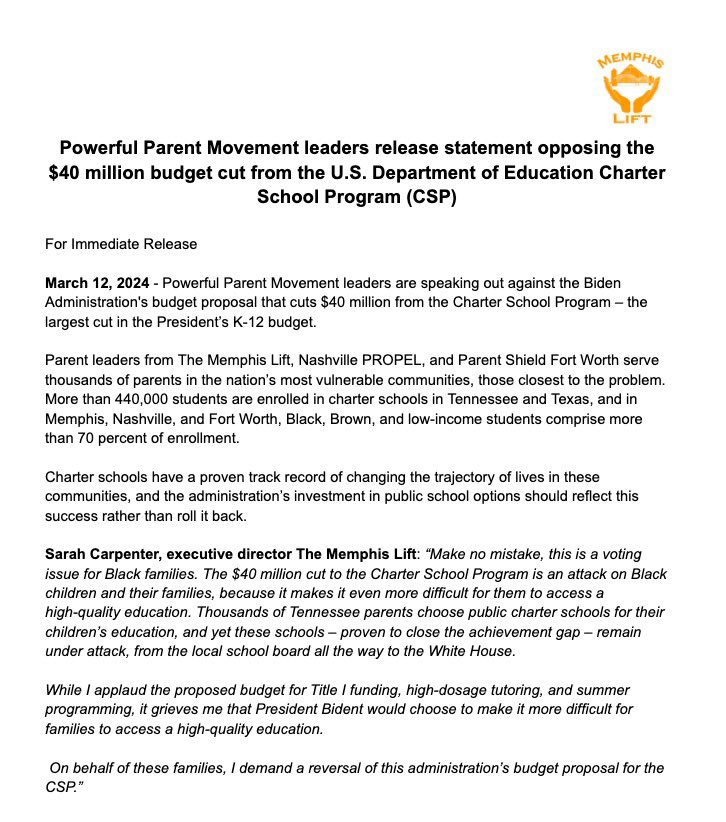LadyTenn's tweet photo. “Make no mistake, this is a voting issue for Black families. The $40 million cut to the Charter School Program is an attack on Black children &amp; their families because it makes it even more difficult for them to access a high-quality education." @LadyTenn 
@FOX13Memphis @ldtestino https://t.co/yn7jgJj5fH