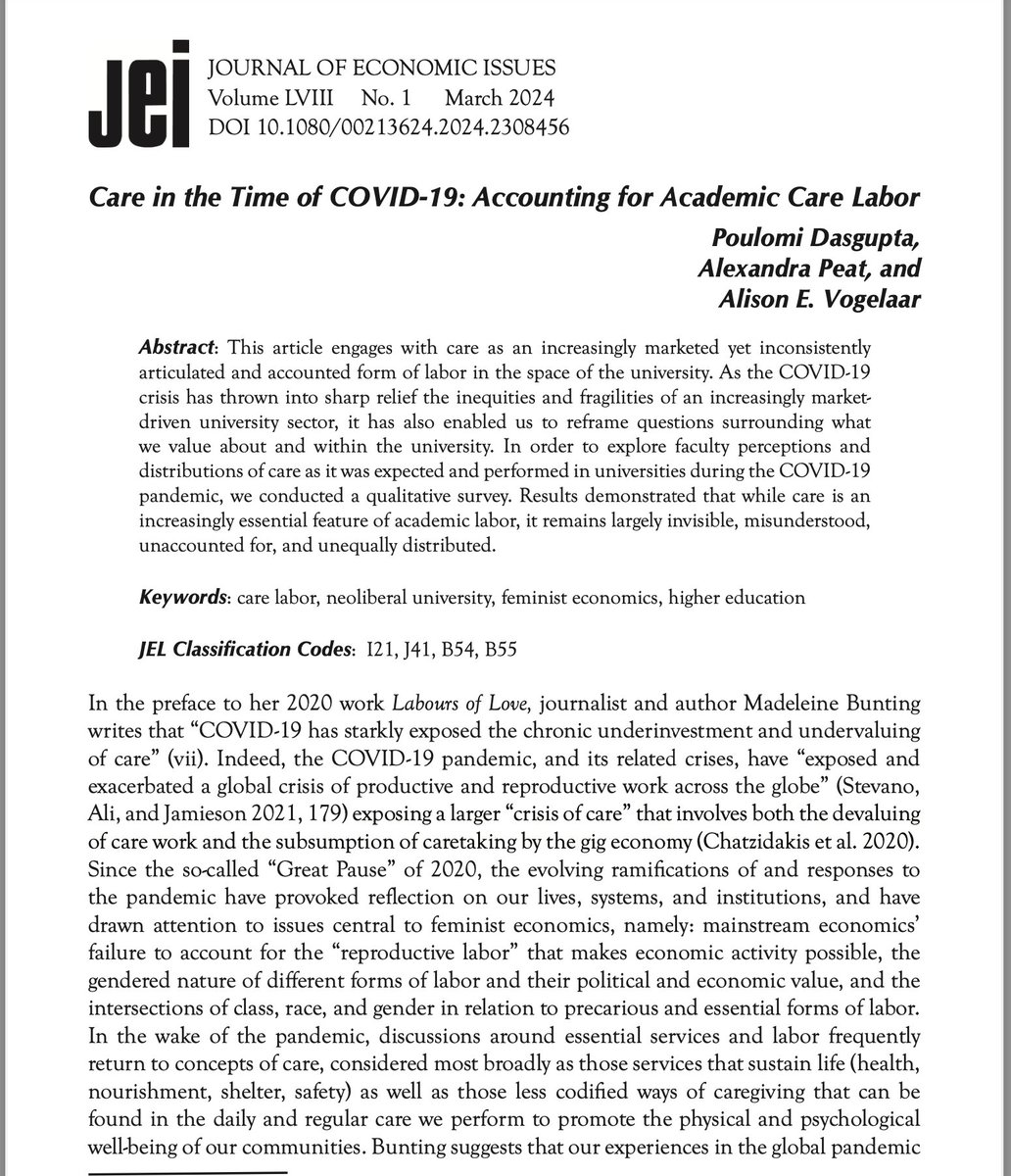 So excited to see our article "Care in the Time of COVID-19: Accounting for Academic Care Labor" in the Journal of Economic Issues. Years of informal conversations on care labor in higher education led to this piece. <a href="/alexandra_peat/">Alexandra Peat</a> <a href="/alison_vogelaar/">Alison Vogelaar</a> 
tandfonline.com/doi/abs/10.108…