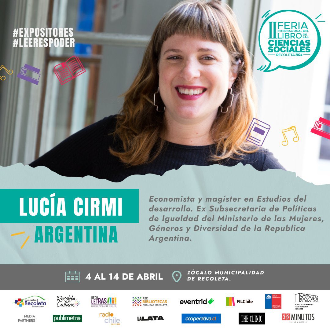 Recoletras's tweet photo. Paula Urrutia, Freddy Stock, Nona Fernández, Lucia Mirci, Juan Salfate, Francisco Ortega y Atilio Borón nos acompañarán en FILCS '24 📚

GUARDA LA FECHA 

🗓️Desde el 04 al 14 de abril de 2024
📍Zócalo de la municipalidad de Recoleta
✅Entrada liberada vía @eventrid https://t.co/KdaD4AdX8U