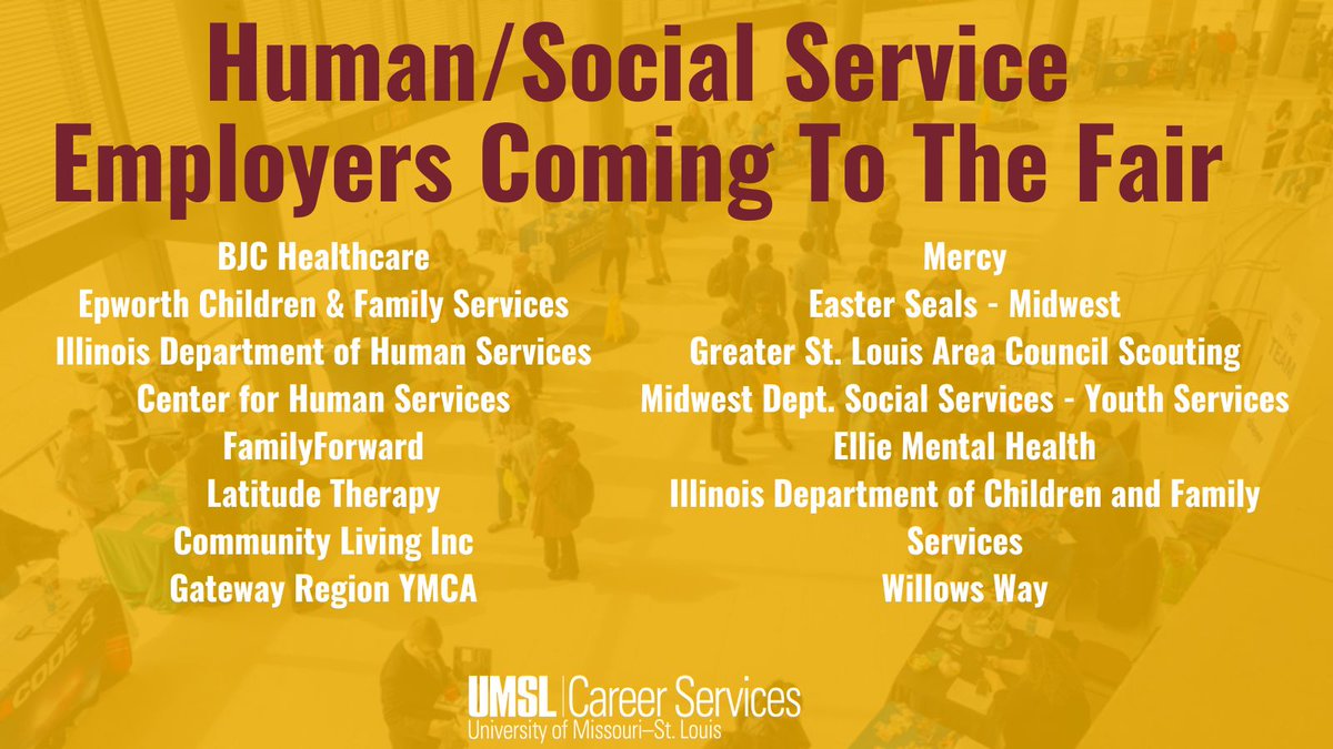 UMSLCareers's tweet photo. Just three days left until the Career Fair!

Interested in Human and Social Service careers or internships? Here are some employers you can talk to in person at the fair! https://t.co/dDEqnJoR3Q