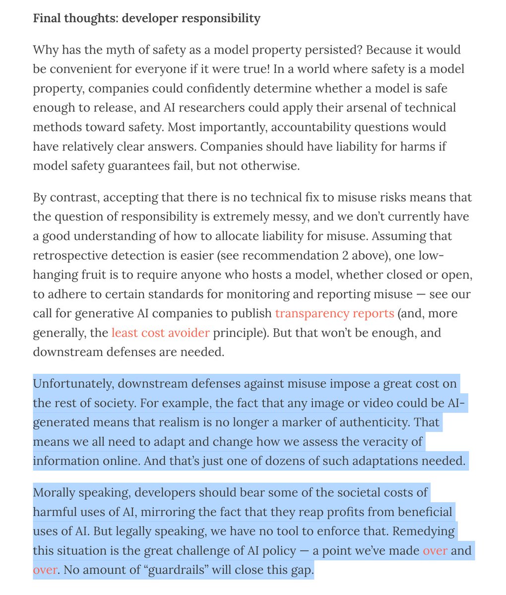 Arvind Narayanan (@random_walker) on Twitter photo The conclusion that <a href="/sayashk/">Sayash Kapoor</a> and I have reached over and over: direct harms from gen AI (that you can regulate) pale in comparison to the cost of societal adaptation and of the extractive business model. Without structural reform, those will continue. aisnakeoil.com/p/ai-safety-is… The conclusion that <a href="/sayashk/">Sayash Kapoor</a> and I have reached over and over: direct harms from gen AI (that you can regulate) pale in comparison to the cost of societal adaptation and of the extractive business model. Without structural reform, those will continue. aisnakeoil.com/p/ai-safety-is…