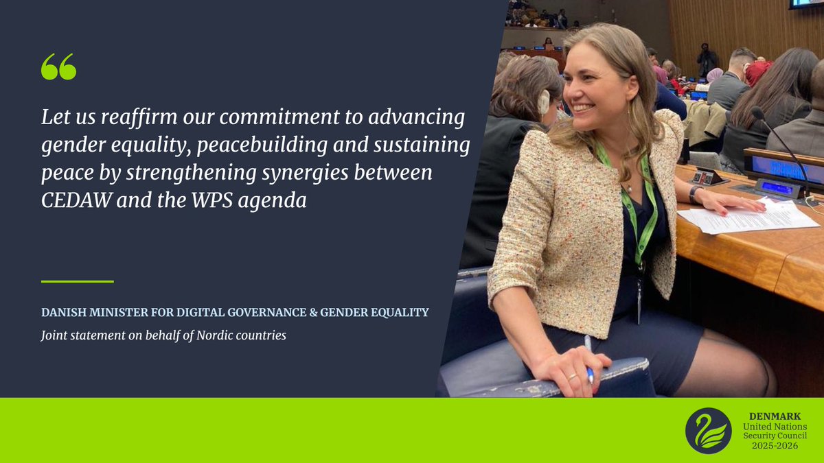 “There is an indelible nexus between women’s human rights and sustainable peace” Today at the #UNSC, 🇩🇰 Minister for Digital Governance and Gender Equality delivered a joint statement on behalf of 🇩🇰🇫🇮🇮🇸🇳🇴🇸🇪 #CSW68 Read the full statement ➡️ fnnewyork.um.dk/en/statements/…