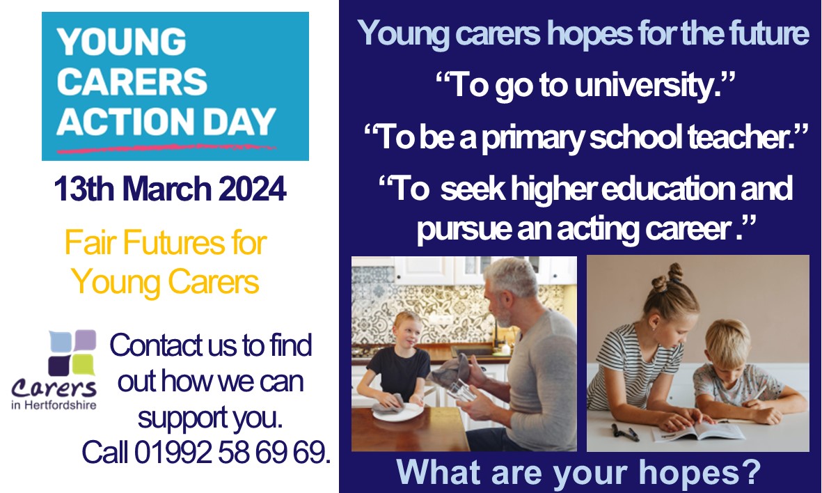 We hope this #YoungCarersActionDay, young carers will reach out to services like ours @ycherts & @CarersinHerts so they’re not isolated & helped to have a life outside of caring, to manage their education or work & to achieve their dreams or a Fair Future. carersinherts.org.uk/young-carers