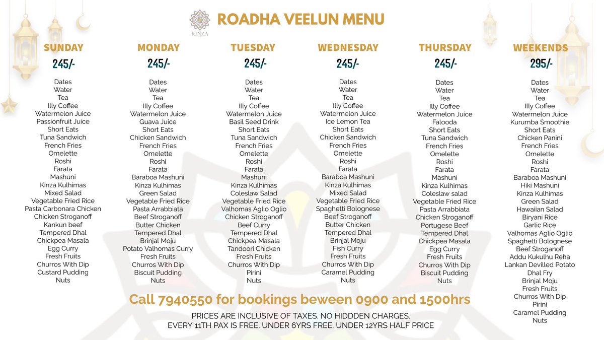 Kinza Roadha Veelun Menu 2024.
Starting Friday, 15th March. 
Call 7940550 for bookings. DM for other enquiries.
Ramadan Kareem Everyone 🥰