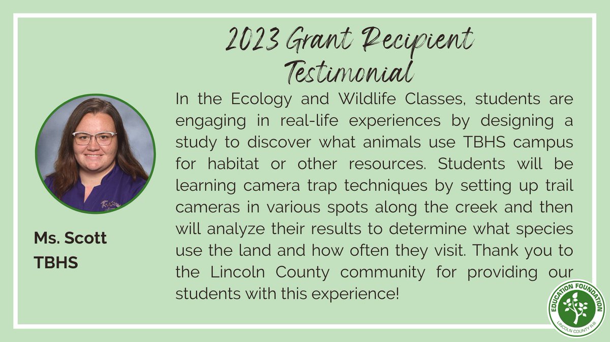 Ms. Scott received a 2023 wildlife watching grant for her classroom at Troy Buchanan High School! #supportourstudents #lcr3ef #proud2br3