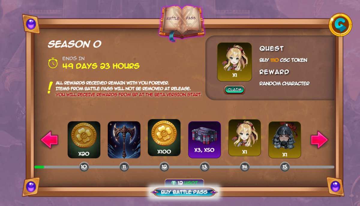 Crypto_Showdown's tweet photo. First game activity launched 🥳
Battle pass is available to everyone. Find it in the main menu of the game.

✅Battle pass price 12 usdt
✅All rewards from the battle pass will be issued at the start of the beta version and will not be deleted!

Hurry up, if you have time to complete all the quests, you will receive characters at levels 14 and 15.