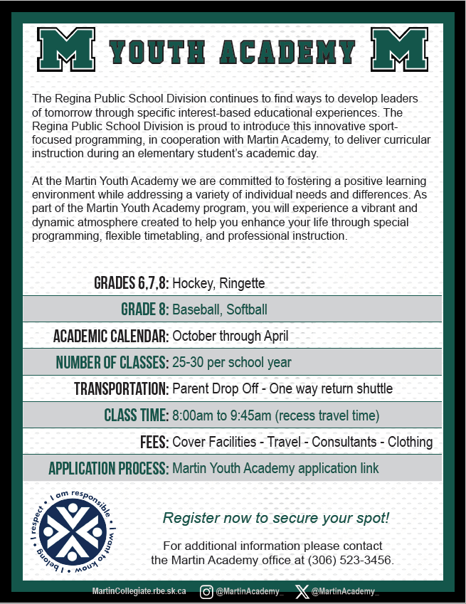 Register for the new Martin Youth Academy. 
More details here. reginapublicschools.ca/martin_youth_a…
<a href="/MartinAcademy_/">Martin Academy</a> <a href="/martinmonarchs/">Martin Collegiate</a>