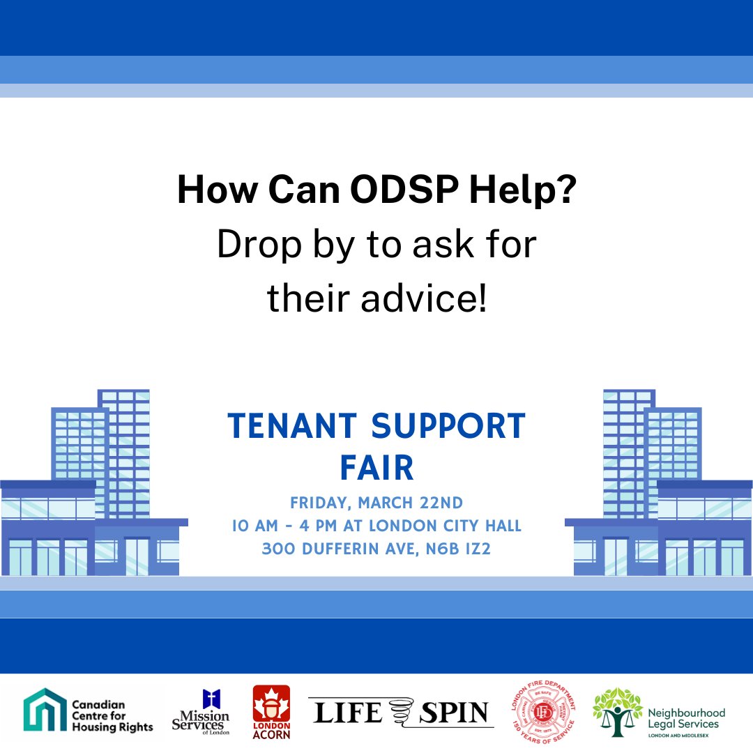 If you’re eligible for #ODSP, they may be another resource you can turn to. Come to the fair & ask!
-
London's #TenantSupport Fair will be at City Hall on Friday, March 22 between 10AM - 4PM.
-
#LdnOnt #tennantSupport #LowIncomeHousing #tenancy #tenantRights #tenantAdvice