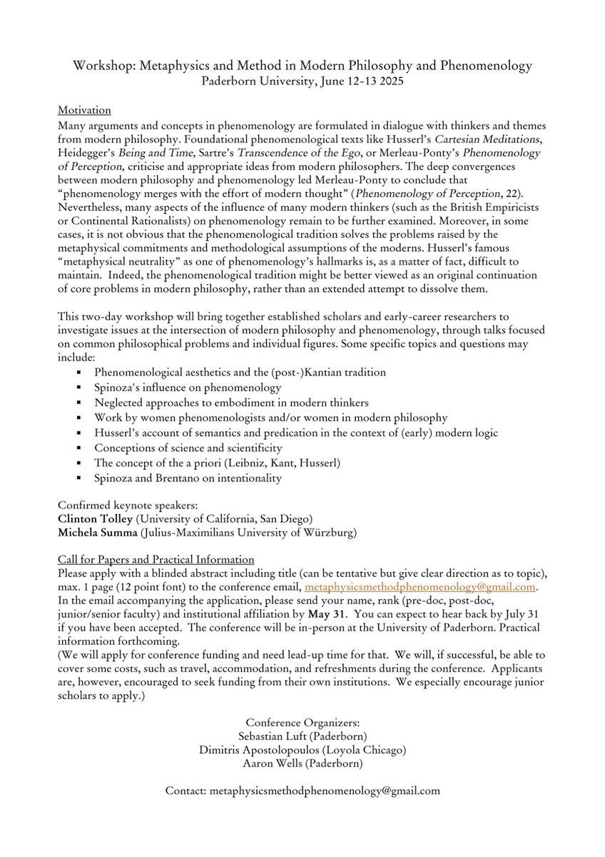 SebastianLuft2's tweet photo. Join us in Paderborn in June 2025 for a conference on modern philosophy and its relationship to phenomenology. https://t.co/nd9wUG8N5c