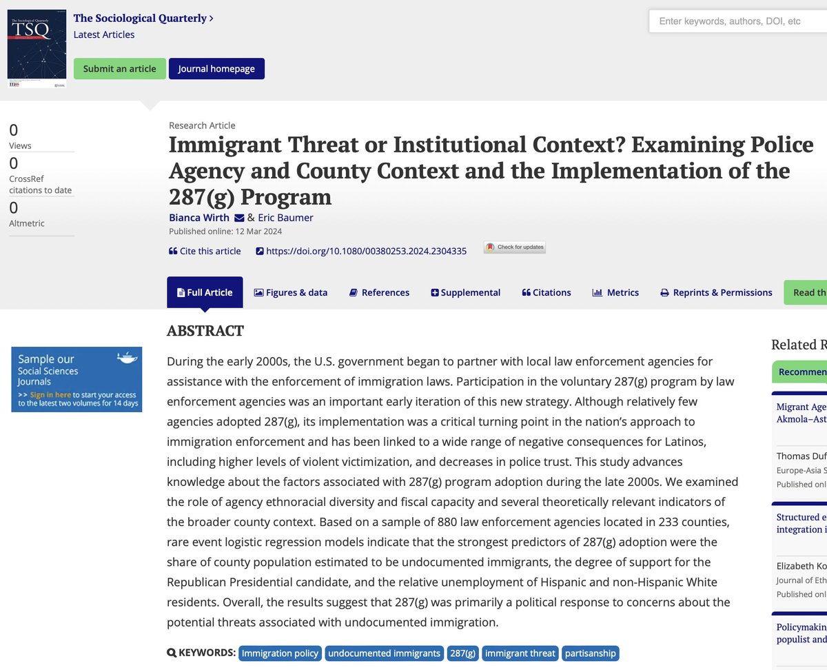 ONLINE FIRST New in TSQ: Bianca Wirth & Eric Baumer identify factors associated with implementation of the 287(g) program, through which the U.S. federal government partnered with local law enforcement agencies to enforce immigration laws. Read more at bit.ly/4abzdIs