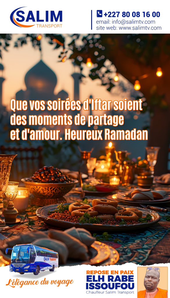 ] Spécial Ramadan [ 
Offre exceptionnelle de livraison de colis à 500F pendant le Ramadan chez Salim Transport ! Profitez-en pour faciliter vos envois pendant cette période spéciale. 
Service livraison disponible 24h/24 au 92071313 

 𝓑𝓸𝓷𝓷𝓮 𝓻𝓾𝓹𝓽𝓾𝓻𝓮 à 𝓿𝓸𝓾𝓼!