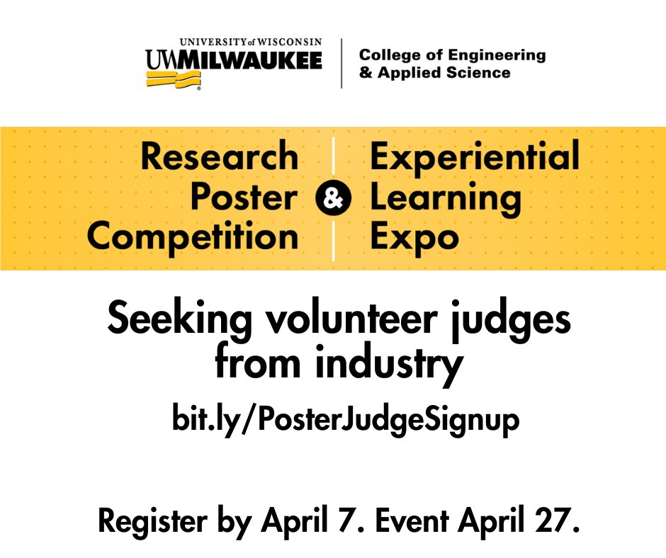 UWM_Engineering's tweet image. Volunteer Judges needed on Sat, April 27
We’re hosting the Research Poster Competition &amp;amp; Experiential Learning Expo and our students need your industry expertise to make it a success. Signup to be a judge or learn more about the event here: bit.ly/PosterJudgeSig… #UWM