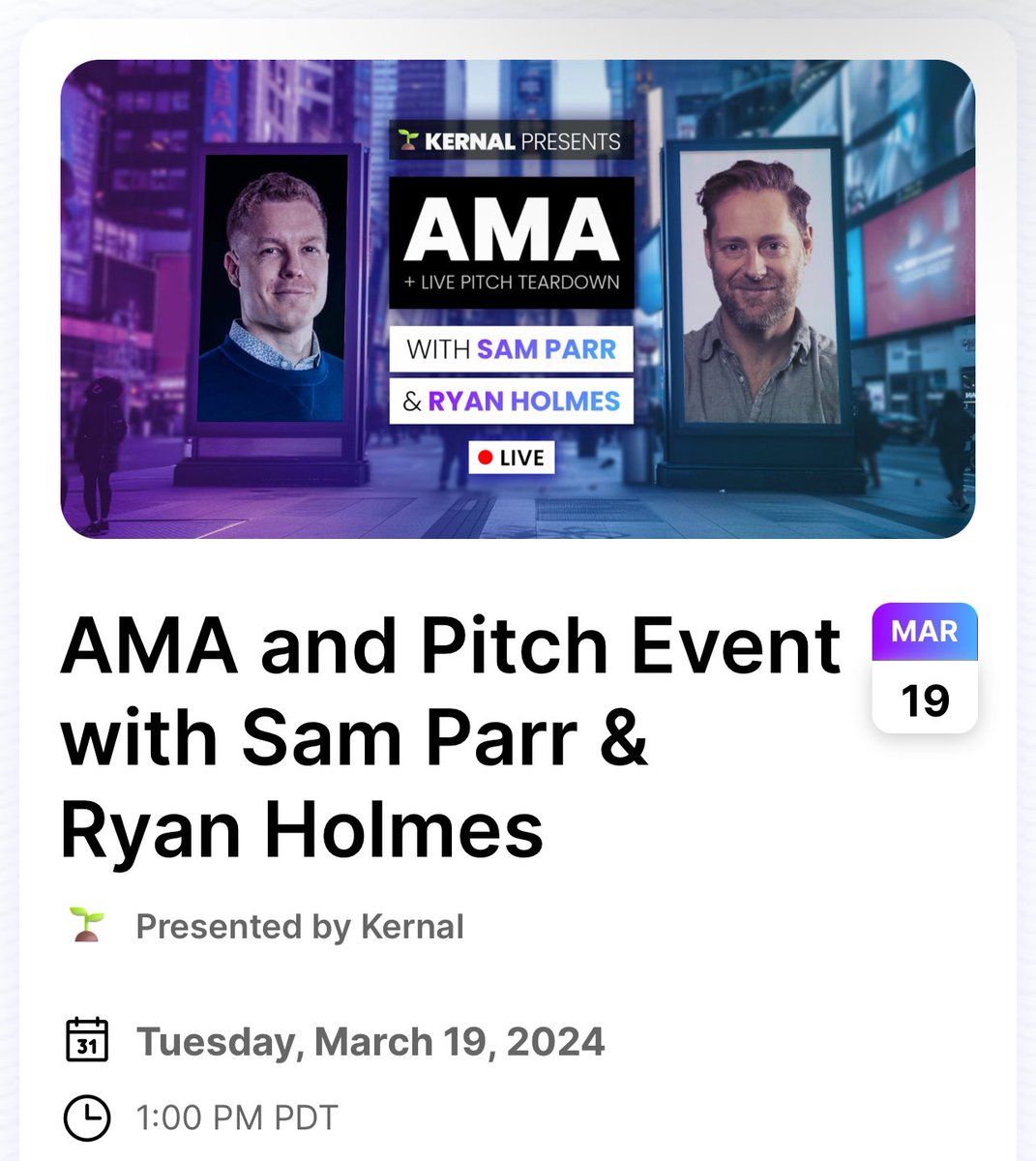 Wanna pitch @thesamparr and @invoker your startup idea March 19th? 🥁 RSVP and hit the button that says “apply to pitch” — kern.al/event/sam-parr… Pitch applications close in 48 hrs ⏰