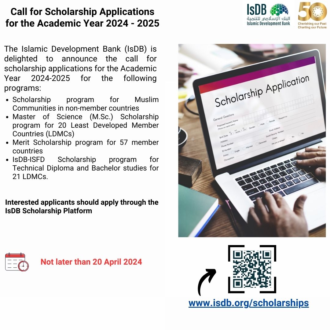 📣Attention! The #IsDBScholarship🎓 application is now open! Apply for a chance to pursue your dream education from the following program. Submit your application today through the scholarship online portal 👇 isdb.org/scholarships ⏲️: Deadline 20 April 2024