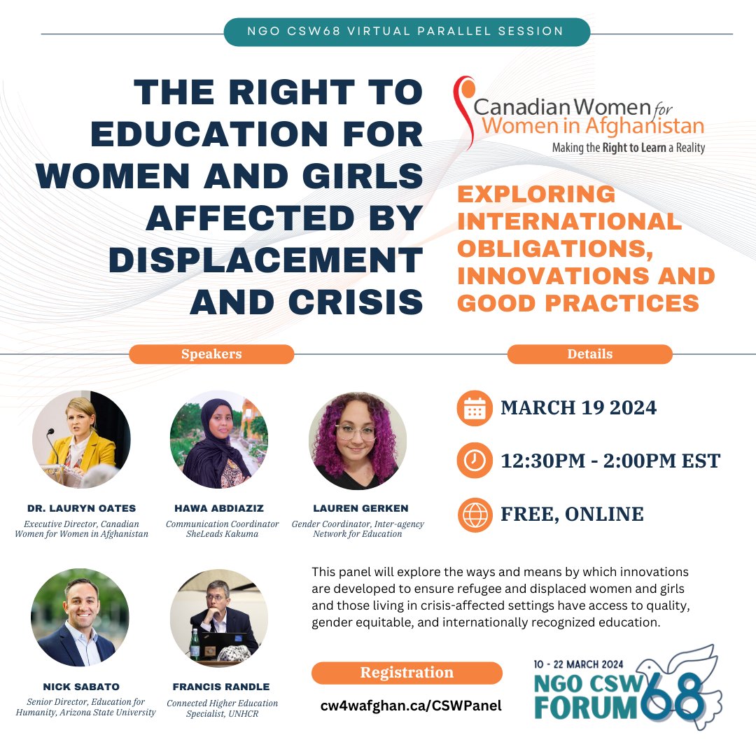 righttolearnorg's tweet photo. Join our virtual #NGOCSW parallel event: The Right to Education for Women and Girls Affected by Displacement and Crisis.
Our panel of speakers will discuss digital innovations to bridge the educational gap for displaced women and girls.
RSVP now at https://t.co/GZEhDeV7wS https://t.co/40hd8S0Ztn