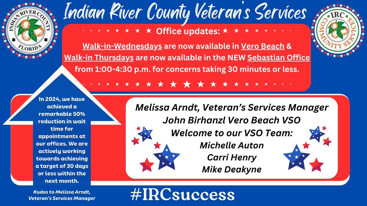 Calling all heroes & supporters! We have amazing news to share with you! Our @IRCGOV Veteran's Services Team is kicking things into high gear & we couldn't be more excited to announce that our brand-new Sebastian Office is officially OPEN & serving our community's brave veterans