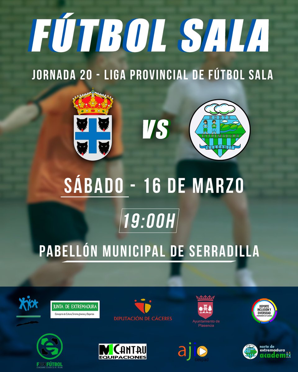JORNADA 20 - LIGA PROVINCIAL FS ⚽️

📅Sábado, 16 de marzo

🕒19:00h

🆚 Cristo Serradilla FS

📍Pabellón Municipal de Serradilla

#futbolsala #vamosneacademii