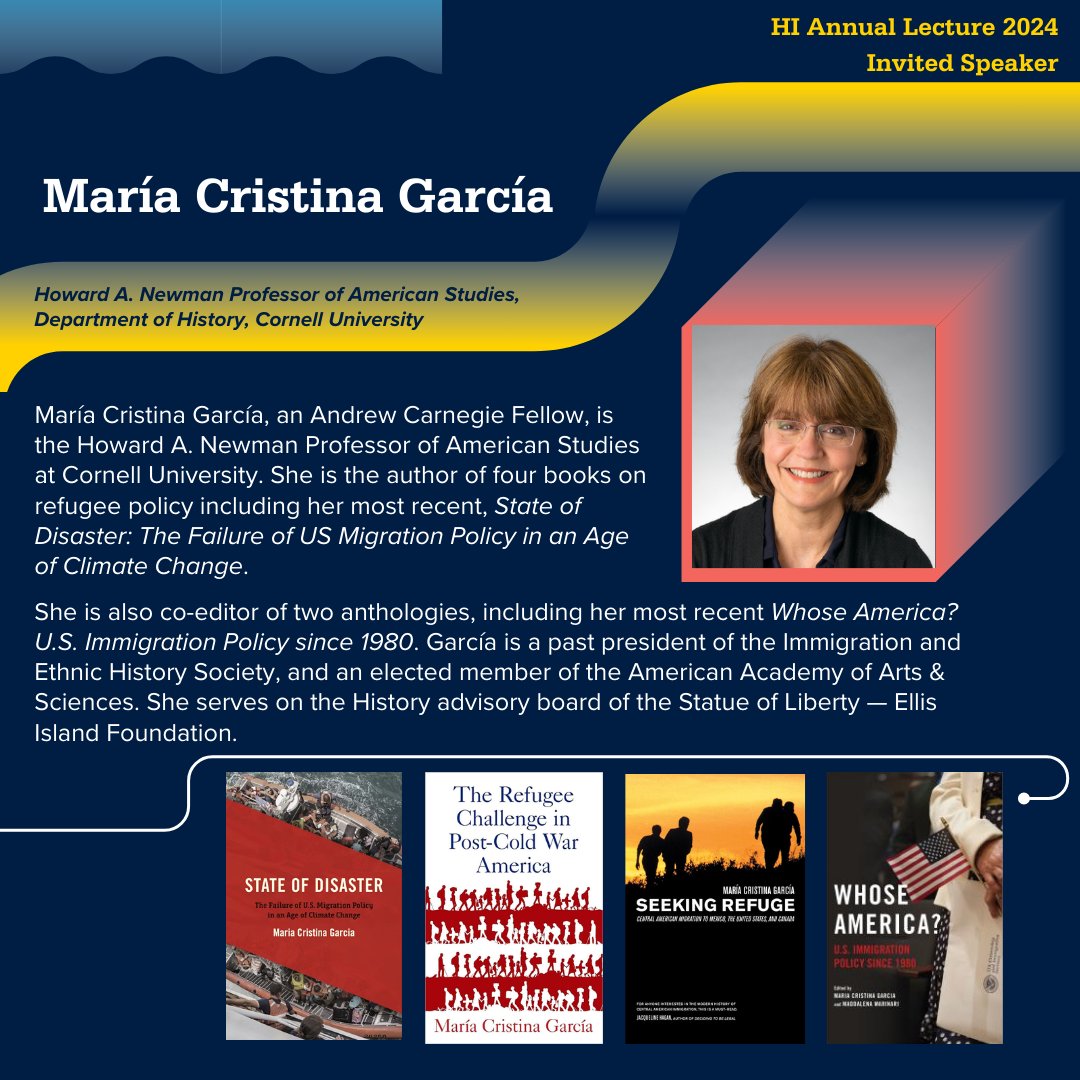 PSUHumanities's tweet image. 📢Meet the Invited Speaker for the HI Annual Lecture 2024:

María Cristina García, Howard A. Newman Professor of American Studies at the Department of History, Cornell University.

📌To learn more about the Annual Event and Dr. García click here hi.psu.edu/initiatives-an…