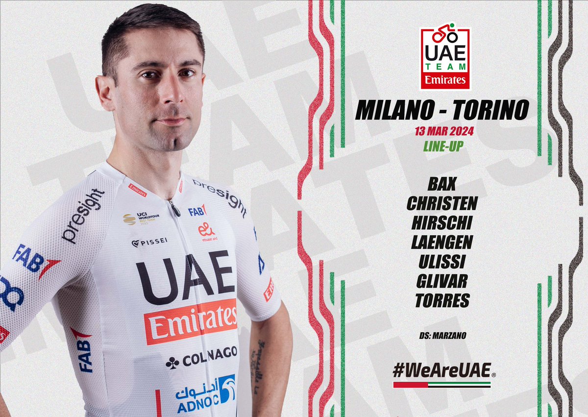 Tomorrow we race again also on Italian roads. Here's our lineup for the #MilanoTorino 🇮🇹: 🇳🇱 @sjoerdbax 🇨🇭@janchristen04 🇨🇭@MarcHirschi 🇳🇴 @VSLaengen 🇮🇹 @DiegoUlissi 🇸🇮 #GalGlivar 🇪🇸 #PabloTorres #UAETeamEmirates #WeAreUAE