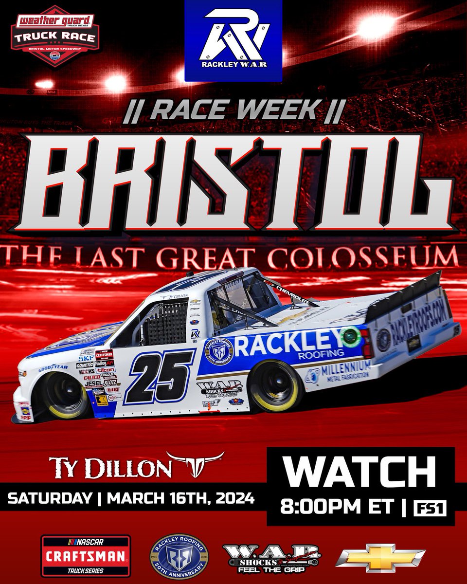 The @NASCAR_Trucks return to the high-banked Last Great Coliseum of @ItsBristolBaby this week in Tennessee’s #ThunderValley! We will see YOU there! 🗡️ 🏁

#RackleyWAR | @tydillon