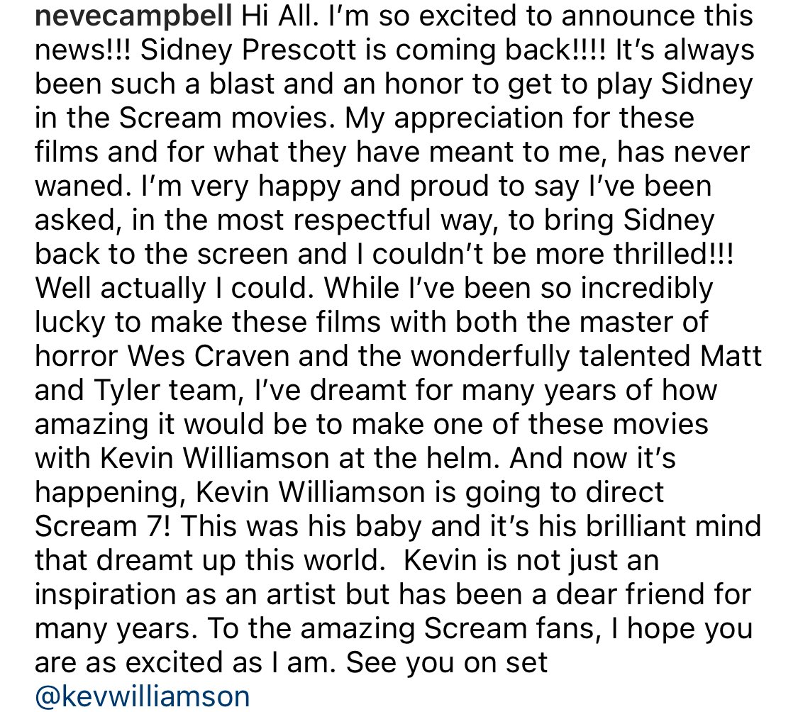 HorrorFlickss's tweet photo. Neve Campbell is returning as Sidney Prescott in Scream 7 🔪 https://t.co/vqISzAF7ji