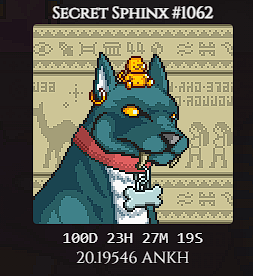 <a href="/SecretSphinxes/">Secret Sphinx Society ☥</a> Proof of Diamond Hand
Sadly I had to unstake to change from Scarab to ANKH