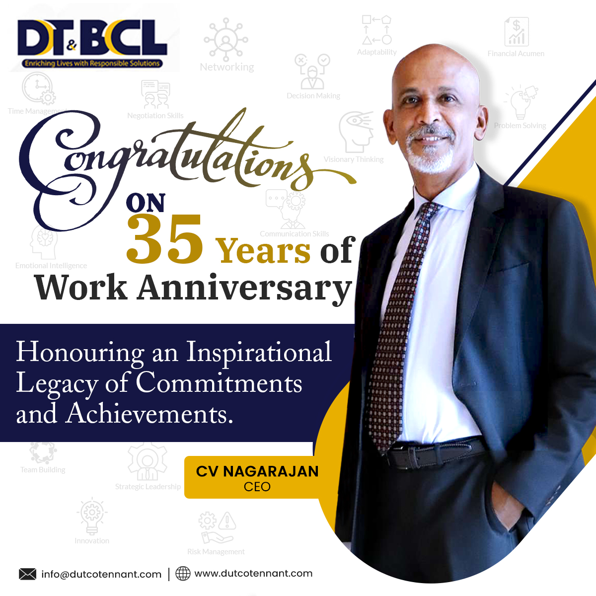 Celebrating CV Nagarajan's amazing 35-year journey with #DTBCL! Thrilled to mark our CEO's remarkable milestone. His leadership inspires, mentors, and impacts us all. Honoring his legacy, we anticipate reaching new heights under his guidance.
#35yearsofexcellence #DutcoTennantLLC