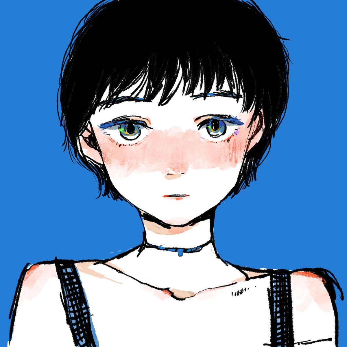 1girl solo short hair black hair simple background blue background looking at viewer  illustration images