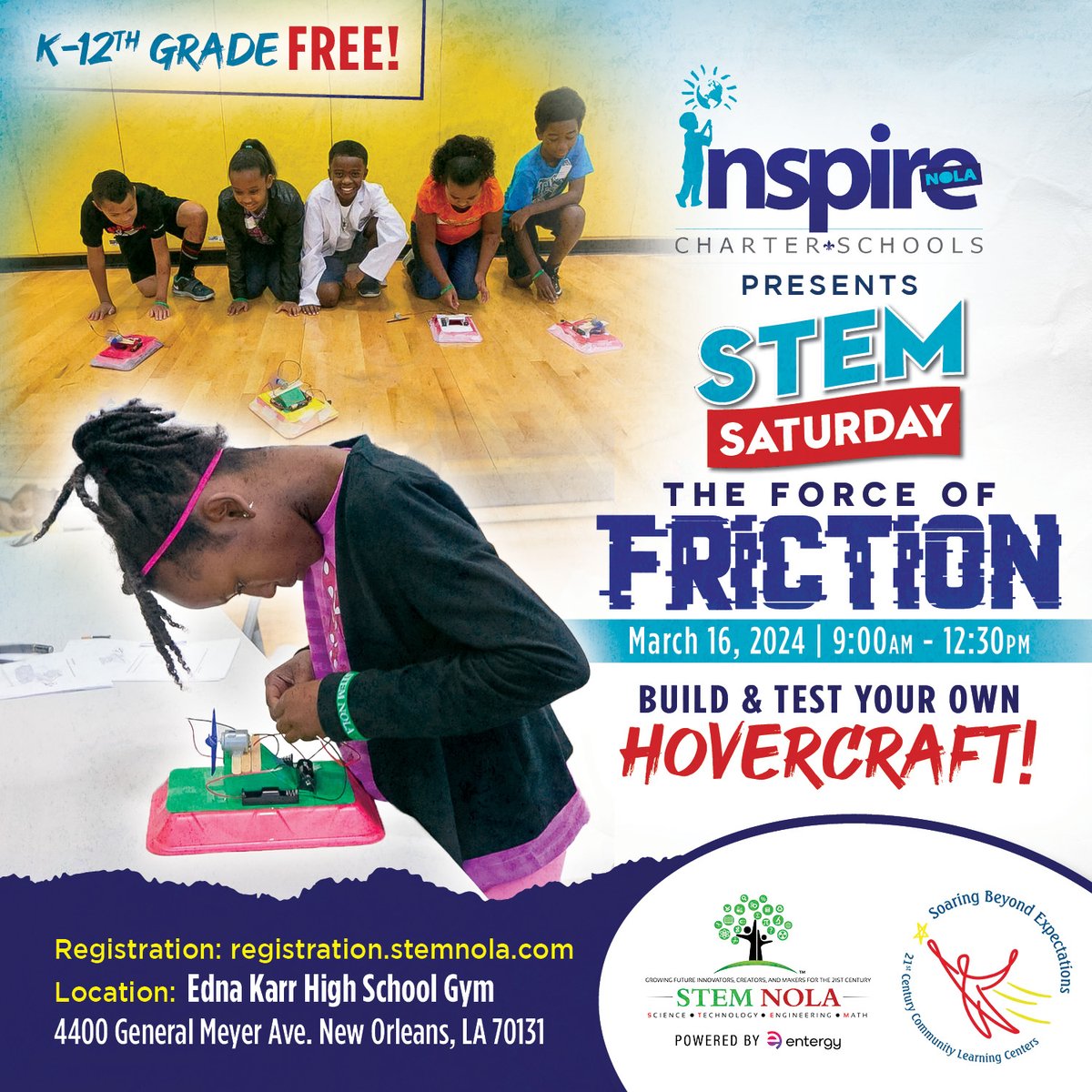 @InspireNOLA @EdnaKarrHS Participants in grades K-12 will discover the principles of friction! After learning about the different types of friction, students will design, build and test their own hovercraft! Register today: registration.stemnola.com #STEMforALL #YOUbelonginSTEM #STEMeducation