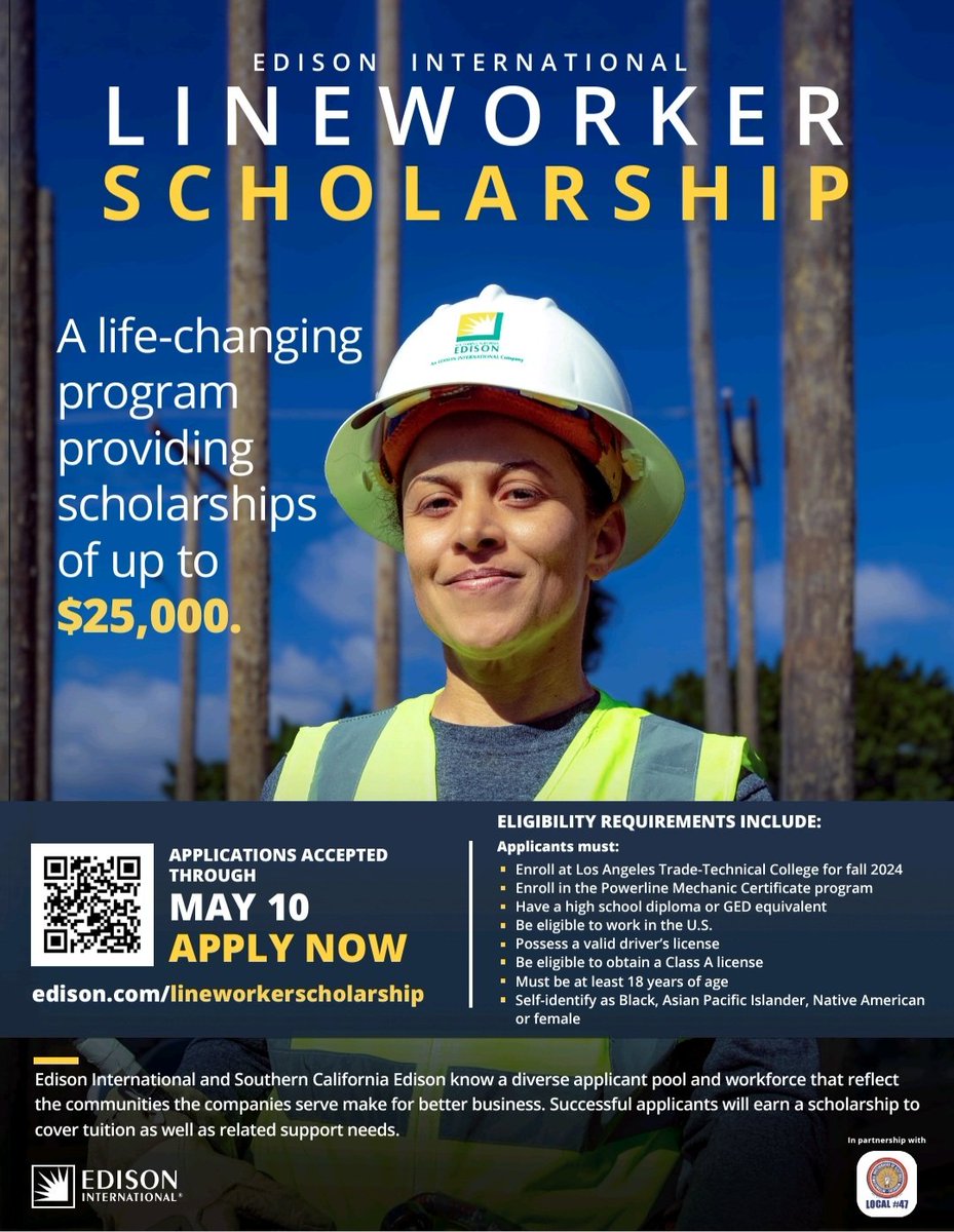 Scholarship: @SCE Lineworker Scholarship is now accepting applications. This is an opportunity to attend @LATTC & learn about a high demand trade. @kbla1580