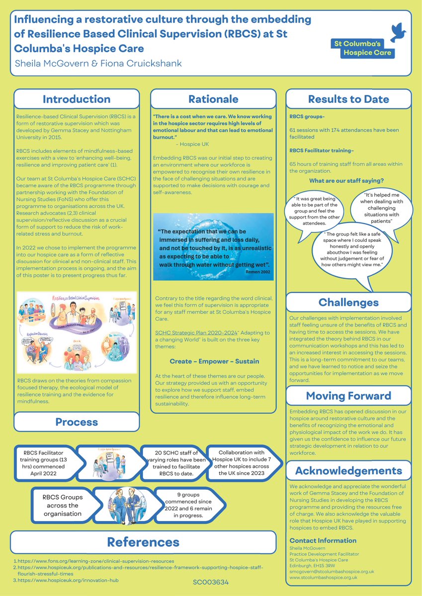 We've reached halfway! Poster 33 #SPPCParade24 Influencing a restorative culture through the embedding of Resilience Based Clinical Supervision at St Columba's Hospice Care @StColumbas @jackies16631342 @Existential_Doc