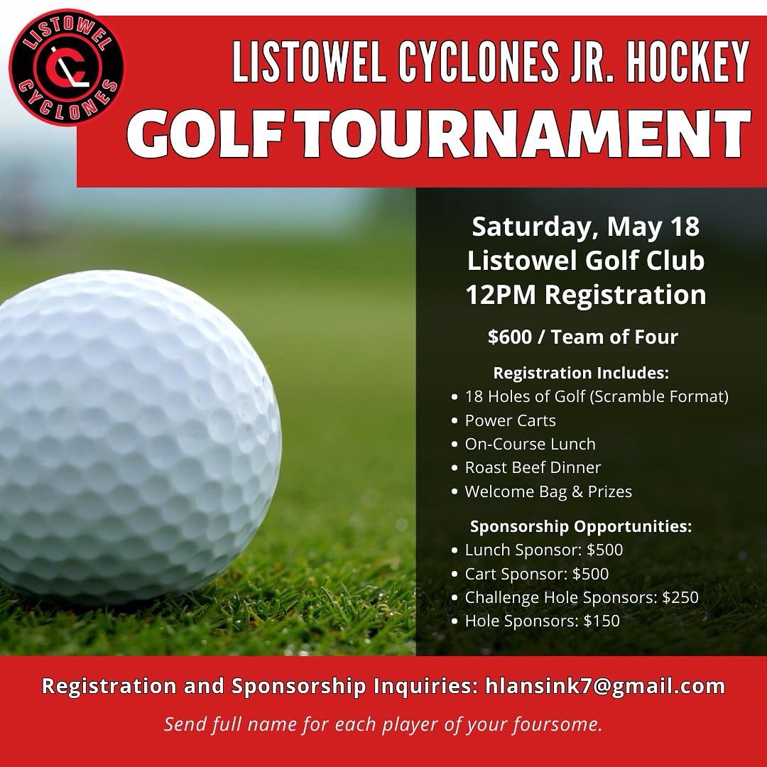 CALLING ALL CYCS FANS &amp; ALUMNI! Join us Saturday, May 18 at the Listowel Golf Club for our much-anticipated Cyclones Golf Tournament! ⛳️ Space is LIMITED - sign up early! Sponsorship opportunities also available. Email hlansink7@gmail.com / contact an Executive Member to sign up!