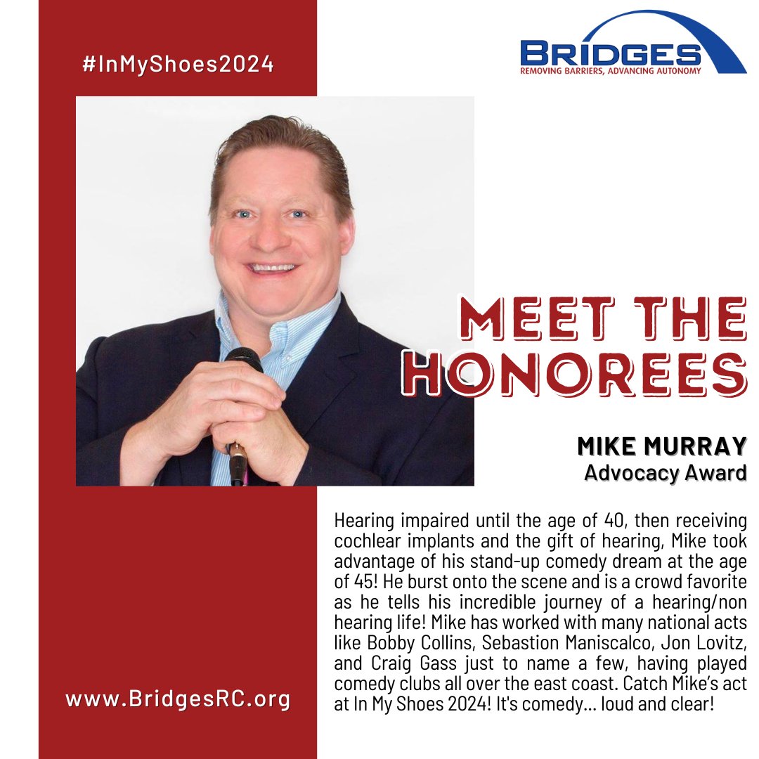 The Advocacy Award honoree at this year’s In My Shoes is Comedian Mike Murray!

Join us at #InMyShoes2024 on May 2nd! Tickets at BridgesRC.org/IMS2024

#BridgesRC #RocklandCounty #Comedy