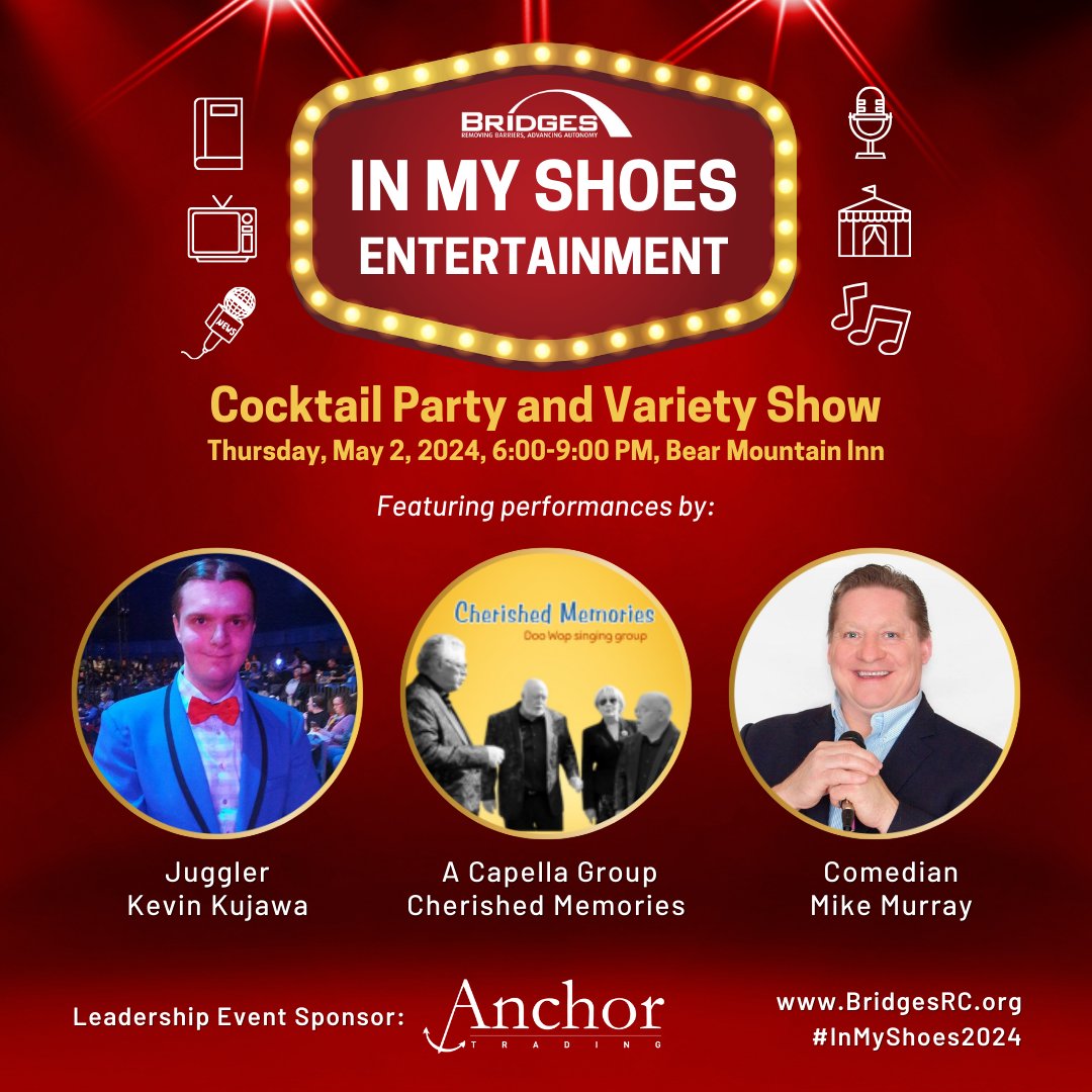 Announcing the entertainment for the #InMyShoes2024 Cocktail Party and Variety Show!

Join us for an unforgettable evening as we dispel preconceived notions of disability! Tickets at BridgesRC.org/IMS2024