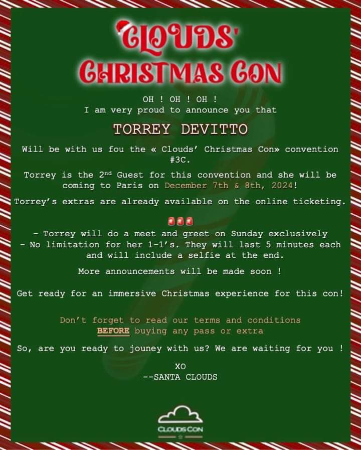 #3C #CloudsChristmasCon 🎄

I am so thrilled to announce that @TorreyDeVitto is our 2nd guest for the #CloudsChristmasCon convention next December in Paris 🎄

🗓️ December 7th & 8th, 2024
📍 Paris, FRANCE 🇫🇷

🎟️ billetweb.fr/clouds-christm…

#torreydevitto #prettylittleliars…