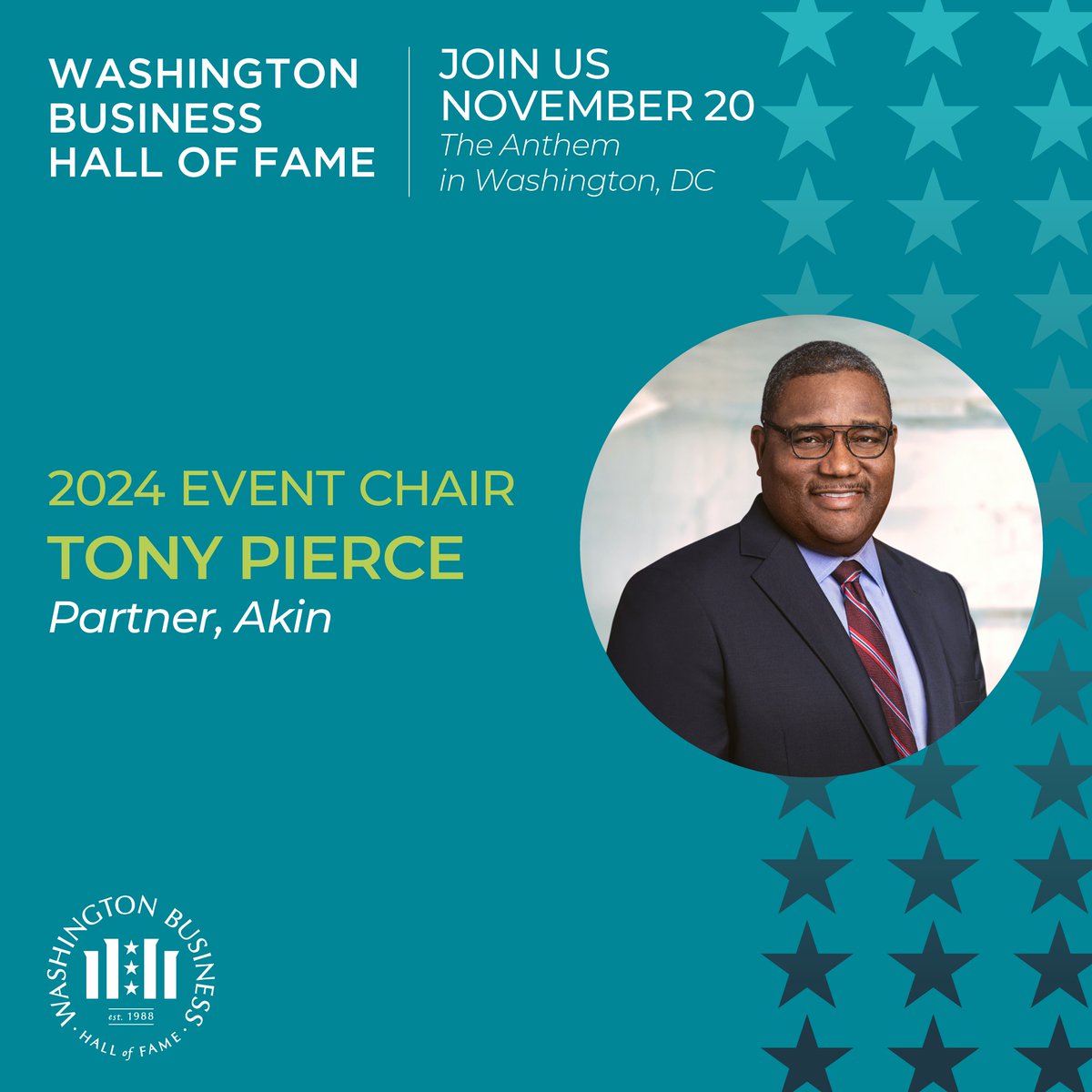 🌟Exciting News!🌟Tony Pierce, Partner at
<a href="/akin_gump/">Akin Gump Strauss Hauer & Feld LLP</a>, will chair the 2024 Washington Business Hall of Fame! His commitment to empowering the next generation of business leaders makes him the perfect fit for this role. Mark your calendars for Nov. 20th at The Anthem!
