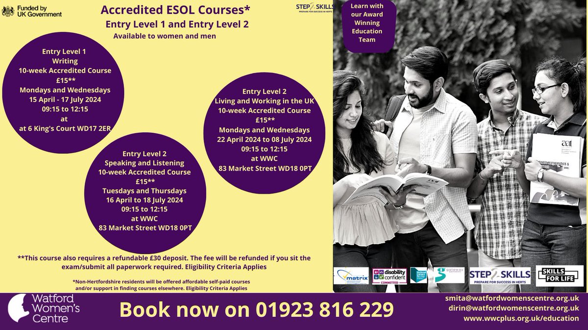 Enrol now onto one of our ACCREDITED Entry Level 1 or Entry Level 2 #ESOL courses. Class sizes are small, so early booking is essential. wwcplus.org.uk/education Step 2 Skills funds most of our courses. hertfordshire.gov.uk/microsites/adu… #LearnEnglish #qualification