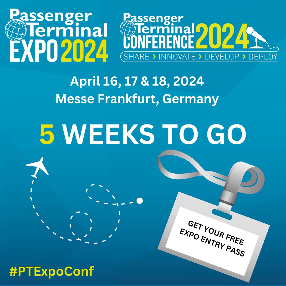 5 WEEKS TO GO | #PTExpoConf is just 5 weeks away! ✅ this off your to-do list – get your FREE expo entry pass for the world’s biggest and best expo for airport design, operations and management – takes less than 2 minutes to register ➡️: bit.ly/49Qf1Nd