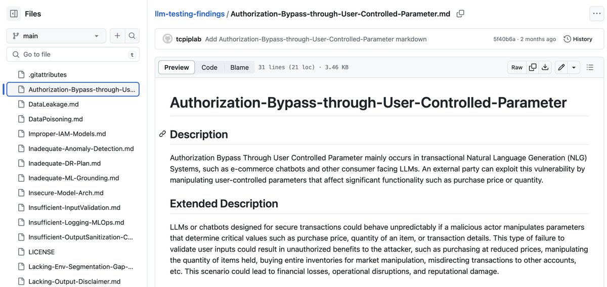 clintgibler's tweet photo. 🗒️ LLM Testing Findings

An open source collection of LLM Integration &amp; Application Findings

Consider using these for a “tabletop” assessment of your own LLM integrations and applications

By @bishopfox

#pentesting #AI #cybersecurity

https://t.co/16JNtQACYH https://t.co/cGQ4J5Uxkf